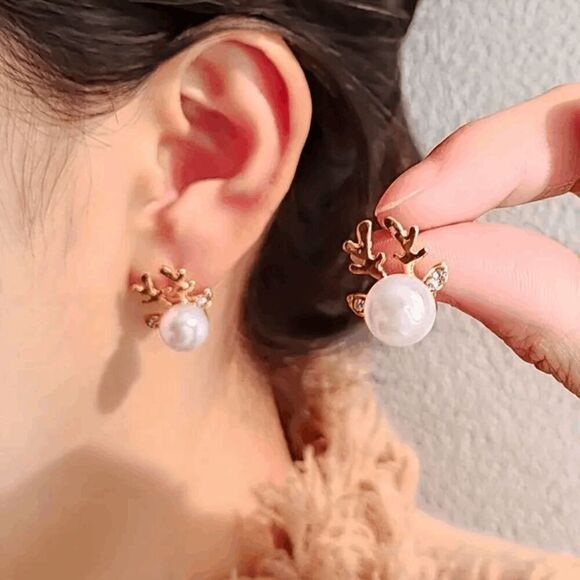 Reindeer Pearl Diamond Gold Plated Stud Earrings - Picture 1 of 7